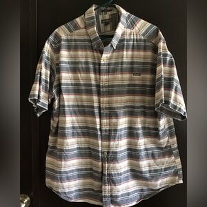 Eddie Bauer Short-Sleeve Striped Button-Down in Blue, Cream & Tan